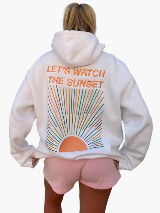 Damen Oversize Hoodie mit Sunset-Print und Spruch – Trendiger Kapuzenpullover für Freizeit & Strand