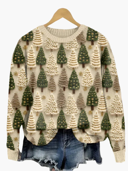 Damen Weihnachtspullover mit 3D-Tannenbaum-Muster – Festlicher Strickpulli für Winter & Feiertage