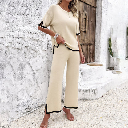 Shirley – Gestreiftes Strickensemble für Damen mit kurzem Ärmel und lockerer, gerader Hose