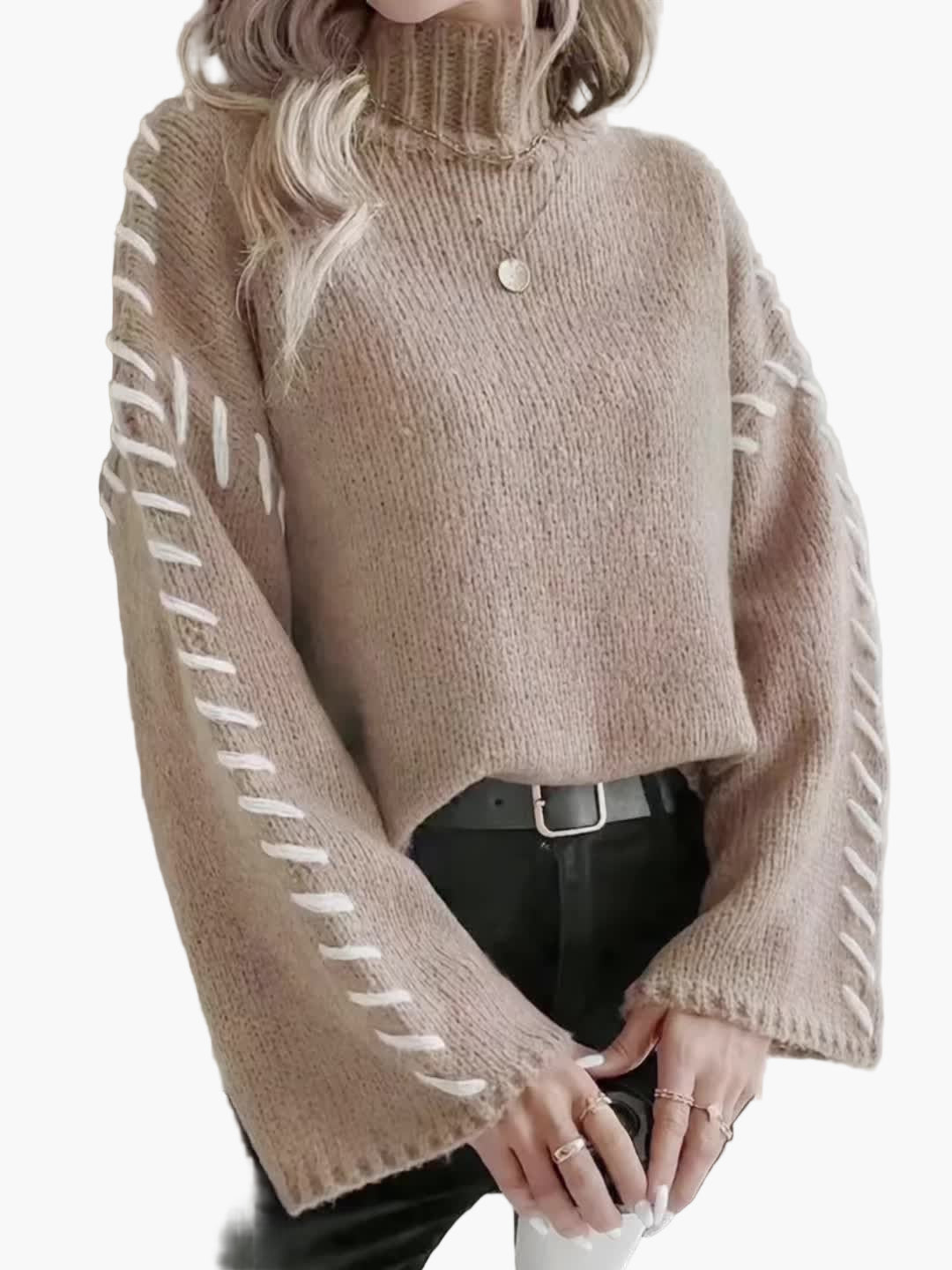 Damen Strickpullover mit weitem Ärmel und Ziernaht, eleganter Herbst/Winter Rollkragen Sweater