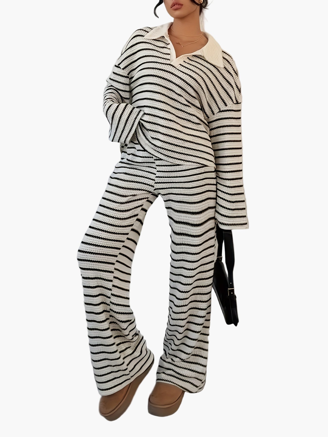 Damen Strick Zweiteiler Set Elegant Gestreift Lockerer Freizeit-Look für Herbst/Winter