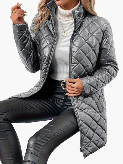 Damen Steppjacke mit modischem Rauten-Design und Stehkragen – Eleganter Übergangs-Style für Alltag und Freizeit