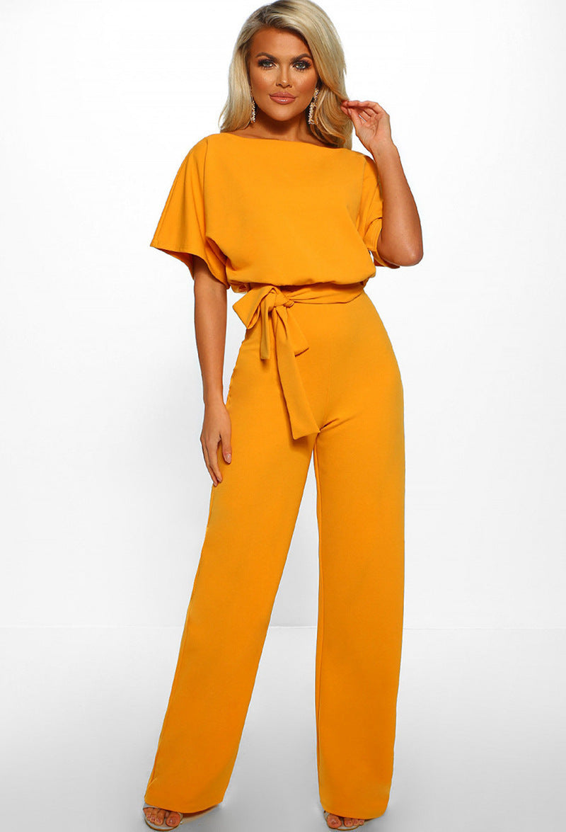 Kathryn – Modischer Kurzarm-Jumpsuit mit Schnürung und Knopf in 7 Farben