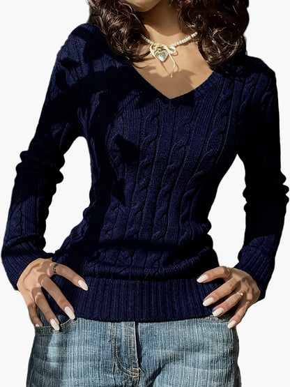 Damen Strickpullover mit Zopfmuster und V-Ausschnitt – Modischer Freizeit-Look