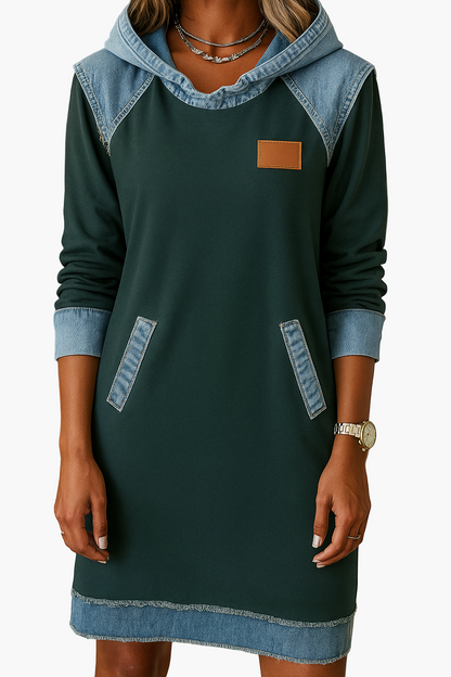 Damen Hoodie-Kleid mit Denim-Akzenten – Lässiger Streetstyle für Alltag und Freizeit