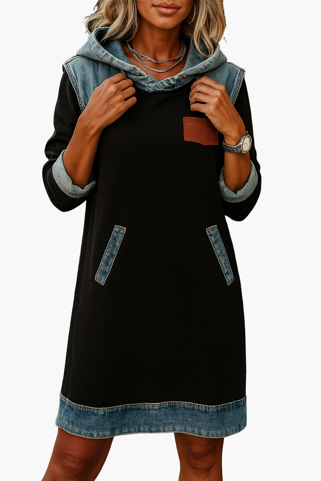 Damen Hoodie-Kleid mit Denim-Akzenten – Lässiger Streetstyle für Alltag und Freizeit