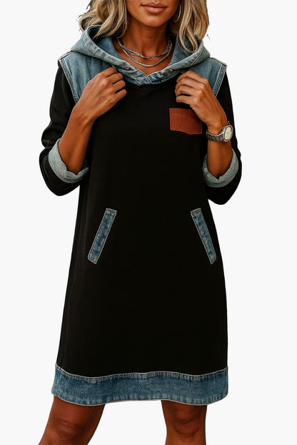 Damen Hoodie-Kleid mit Denim-Akzenten – Lässiger Streetstyle für Alltag und Freizeit