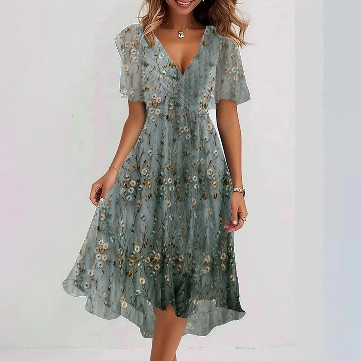 Luftiges Sommerkleid Damen – Wickelkleid mit Blumenmuster und V-Ausschnitt – Midi Kleid für Urlaub, Strand & Freizeit