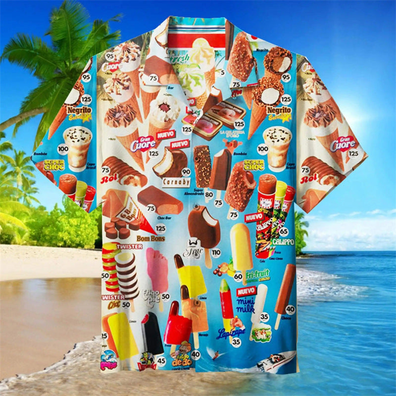 Herren Hawaiihemd mit Retro Eiscreme-Print – Buntes Kurzarm Freizeithemd für Sommer & Strand
