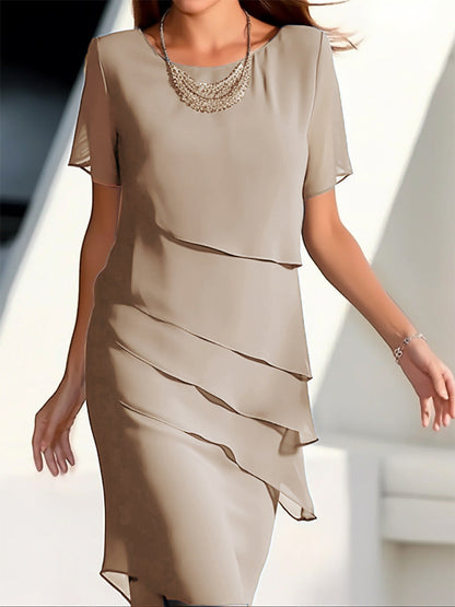 Tanya – Chiffon-Patchwork-Kleid mit rundem Ausschnitt und kurzen Ärmeln