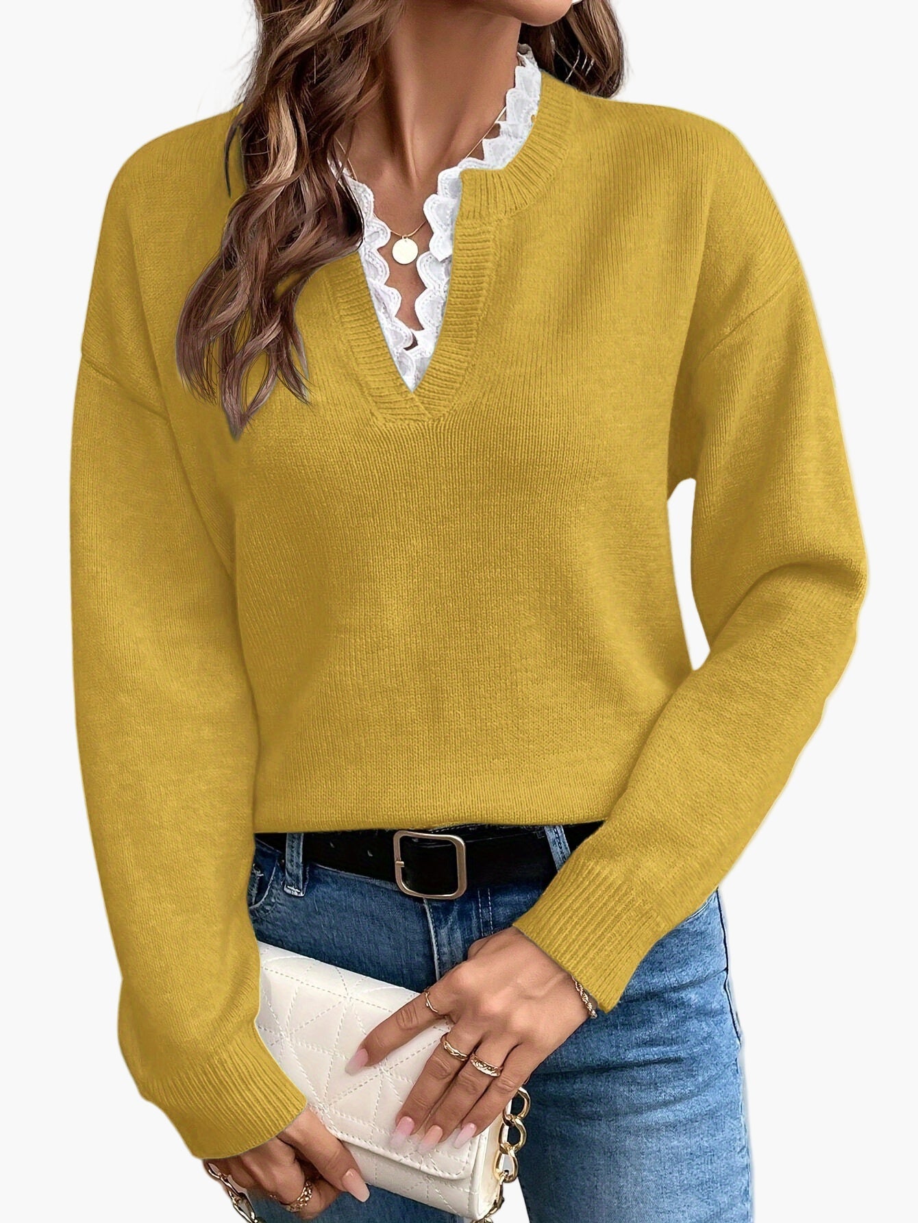 Damen Elegant Pullover mit V-Ausschnitt und Rüschenkragen – Perfekt für Alltag & Büro