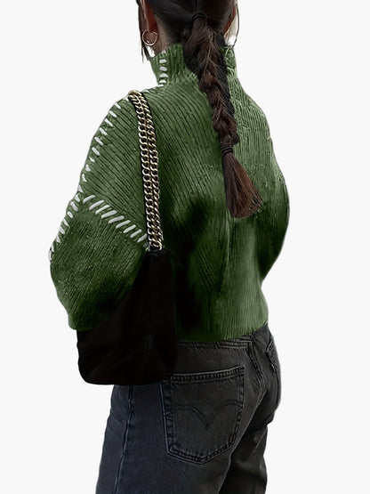 Damen Oversize Strickpullover mit Ziernähten und hohem Kragen – Modischer Herbst/Winter Sweater für trendbewusste Outfits