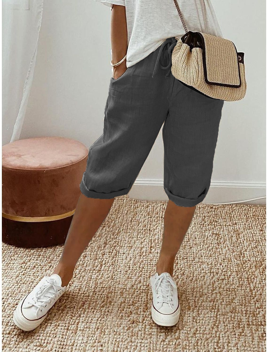 Rachel – Elastische Damenhose aus Baumwolle und Leinen mit Taschen