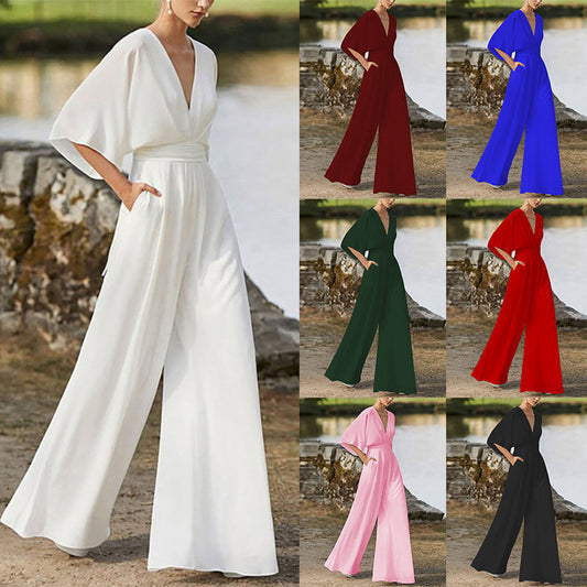 Michelle – Jumpsuit mit tiefem V-Ausschnitt und weitem Bein