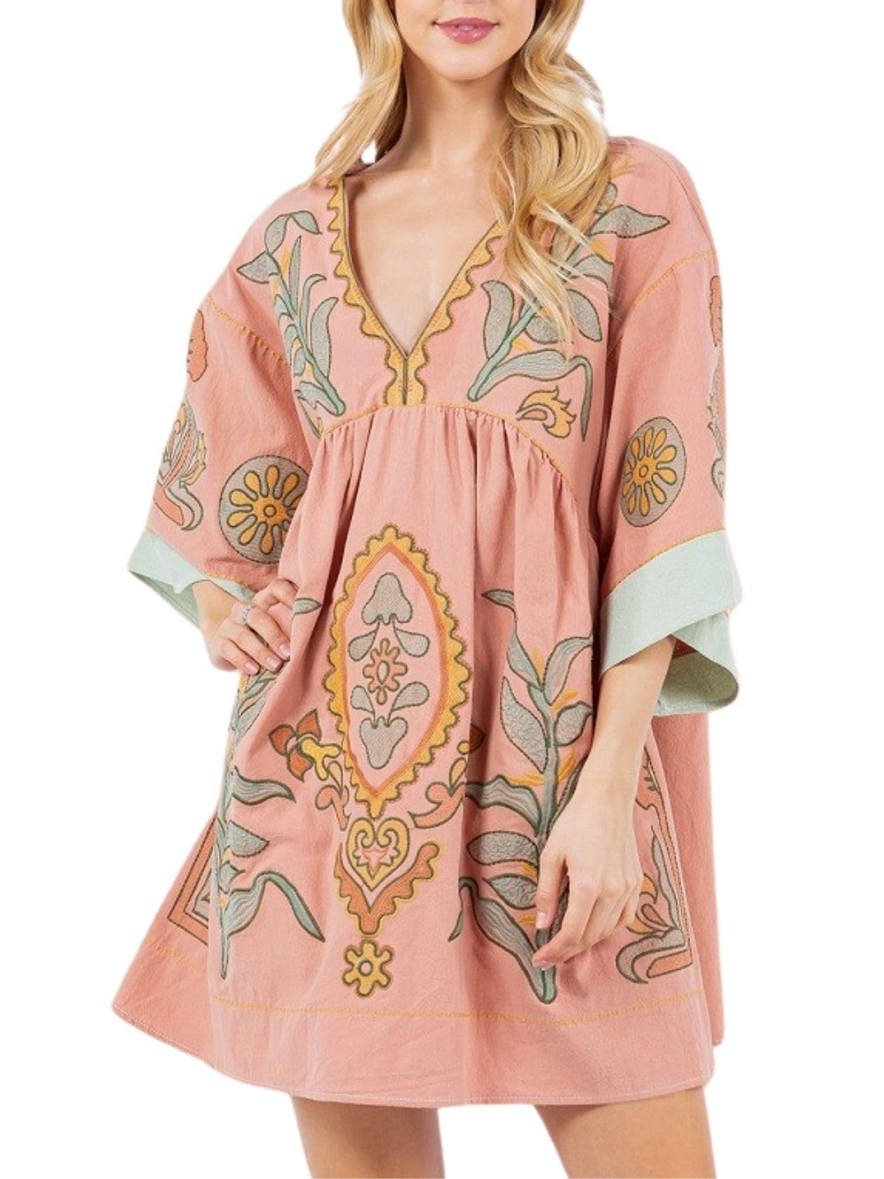 Janet – Blumengedrucktes V-Ausschnittkleid mit 34 Ärmeln
