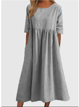 Imogen – Lässiges Damenkleid aus Baumwolle und Leinen mit kurzen Ärmeln und Taschen