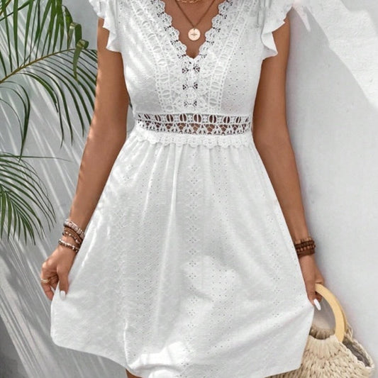 Vanessa – Strickjacquard-Hollow-Elastic Durchsichtiger Spitzenkleid mit Schmetterlingsärmeln