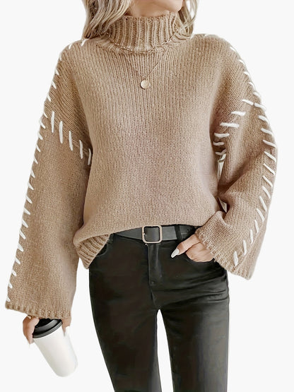 Damen Strickpullover mit weitem Ärmel und Ziernaht, eleganter Herbst/Winter Rollkragen Sweater