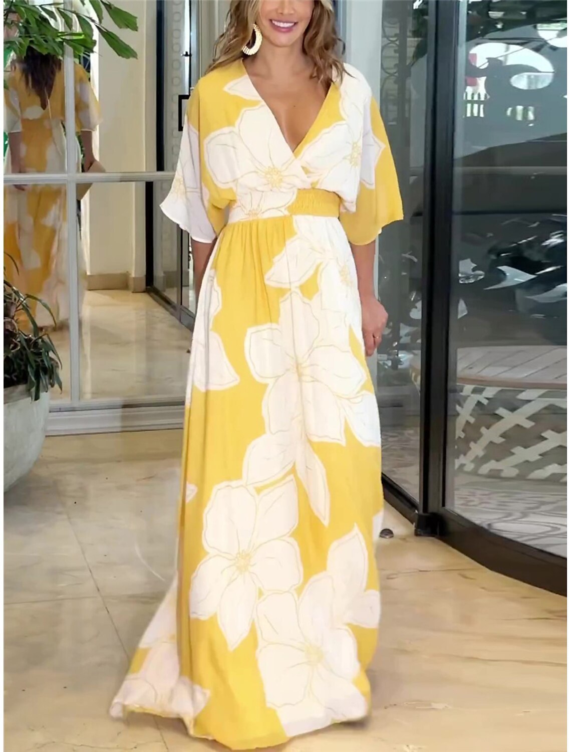 Damen Maxikleid Elegant Blumendruck Sommer Boho Stil für Freizeit und Urlaub