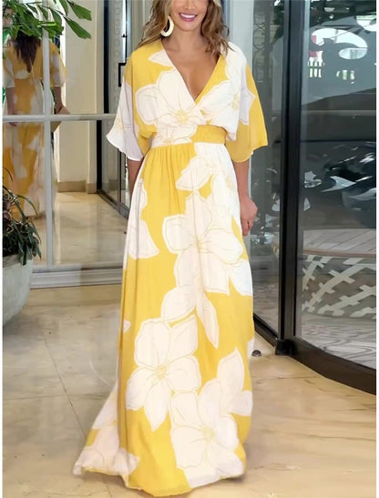 Damen Maxikleid Elegant Blumendruck Sommer Boho Stil für Freizeit und Urlaub