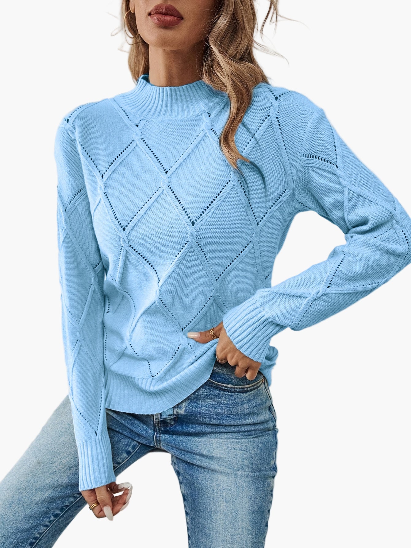 Damen Pullover mit geometrischem Muster, eleganter Alltags-Strickpullover, langarm, modisch