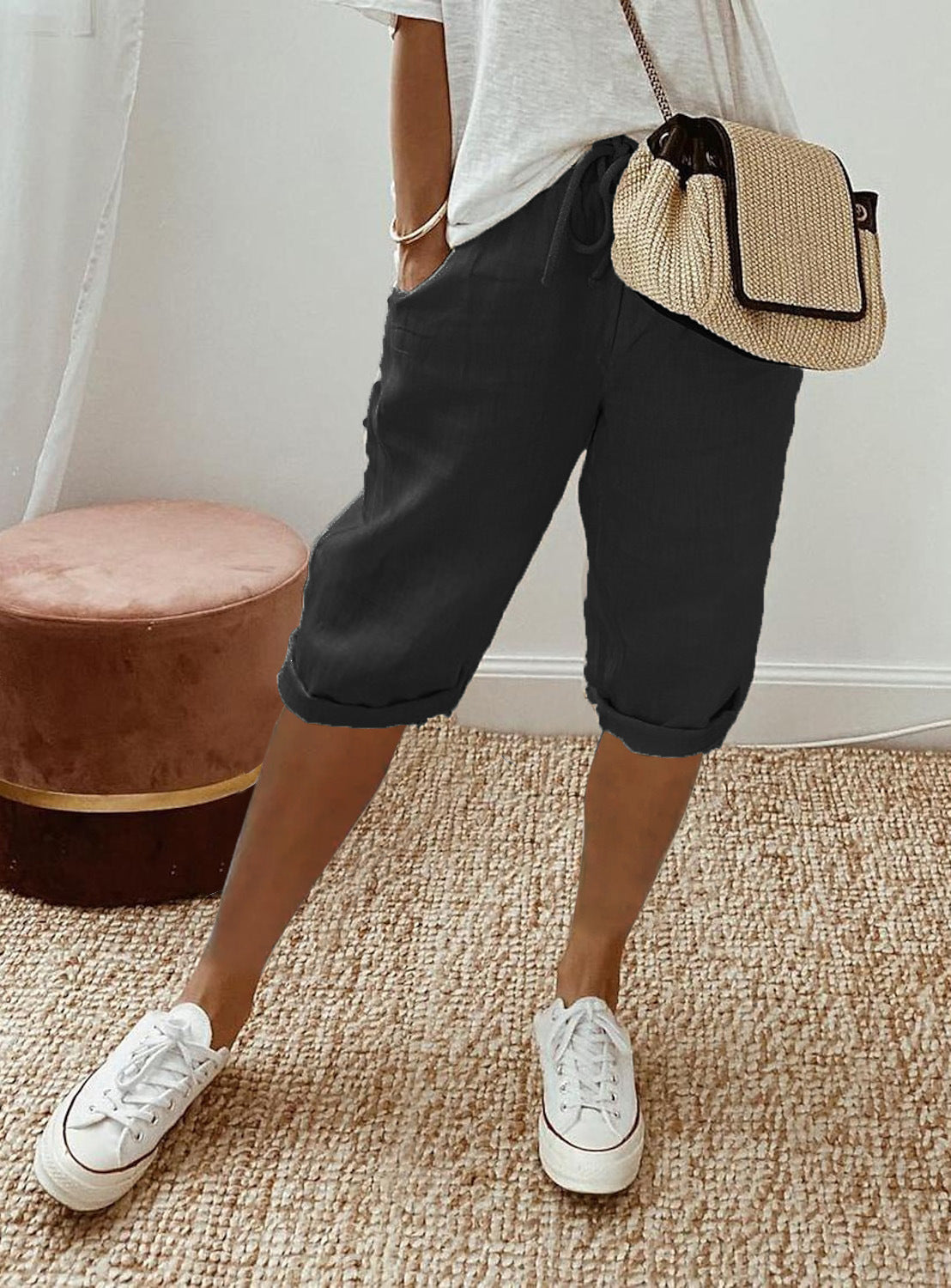Rachel – Elastische Damenhose aus Baumwolle und Leinen mit Taschen