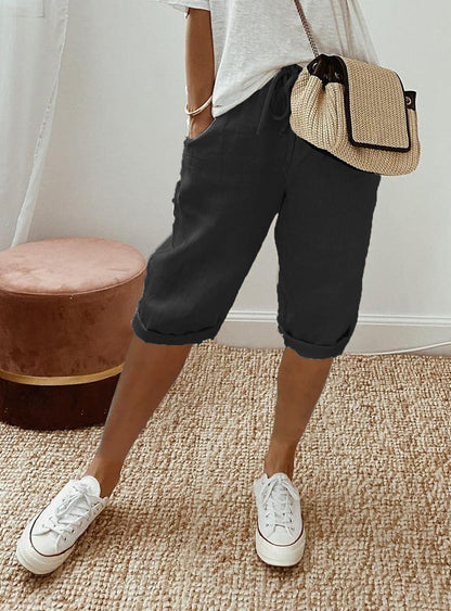 Rachel – Elastische Damenhose aus Baumwolle und Leinen mit Taschen