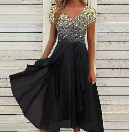 Damen Elegantes Chiffonkleid mit Blumenmuster und V-Ausschnitt – Festliche A-Linien Sommermode