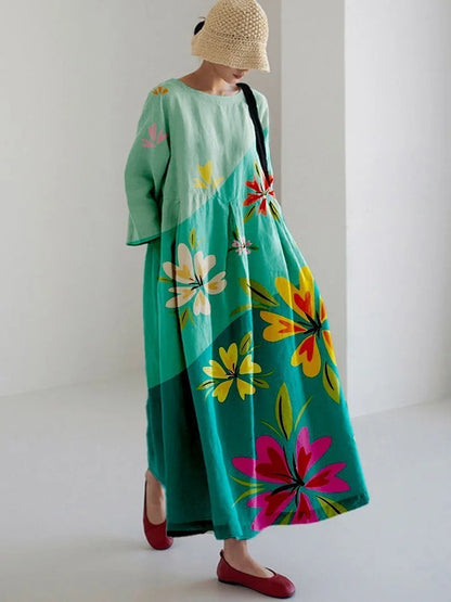 Damen Maxikleid im Retro-Stil mit großem Blumenmuster – Lockeres Sommerkleid für Alltag und Freizeit