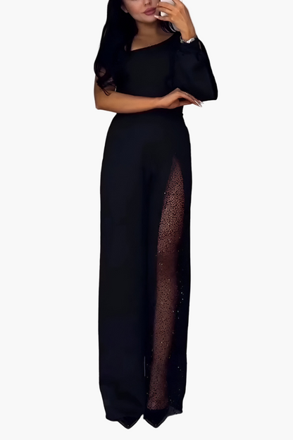 Damen Einarm-Jumpsuit mit weitem Bein und Glitzer-Mesh-Einsatz – Eleganter Party- und Abend-Look