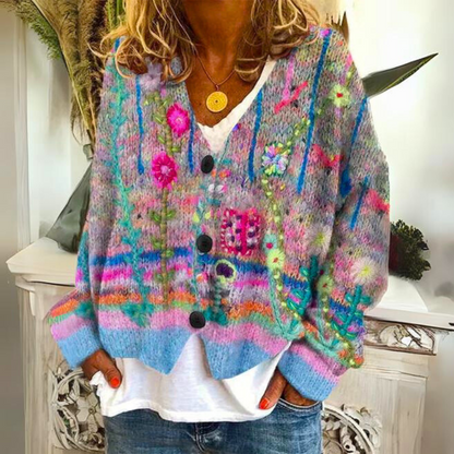 Damen Strickjacke im Boho-Stil mit floralen Akzenten – Modischer Cardigan für Freizeit und Alltag