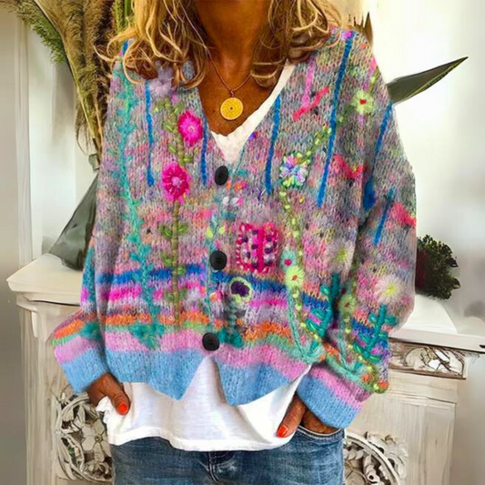 Damen Strickjacke im Boho-Stil mit floralen Akzenten – Modischer Cardigan für Freizeit und Alltag