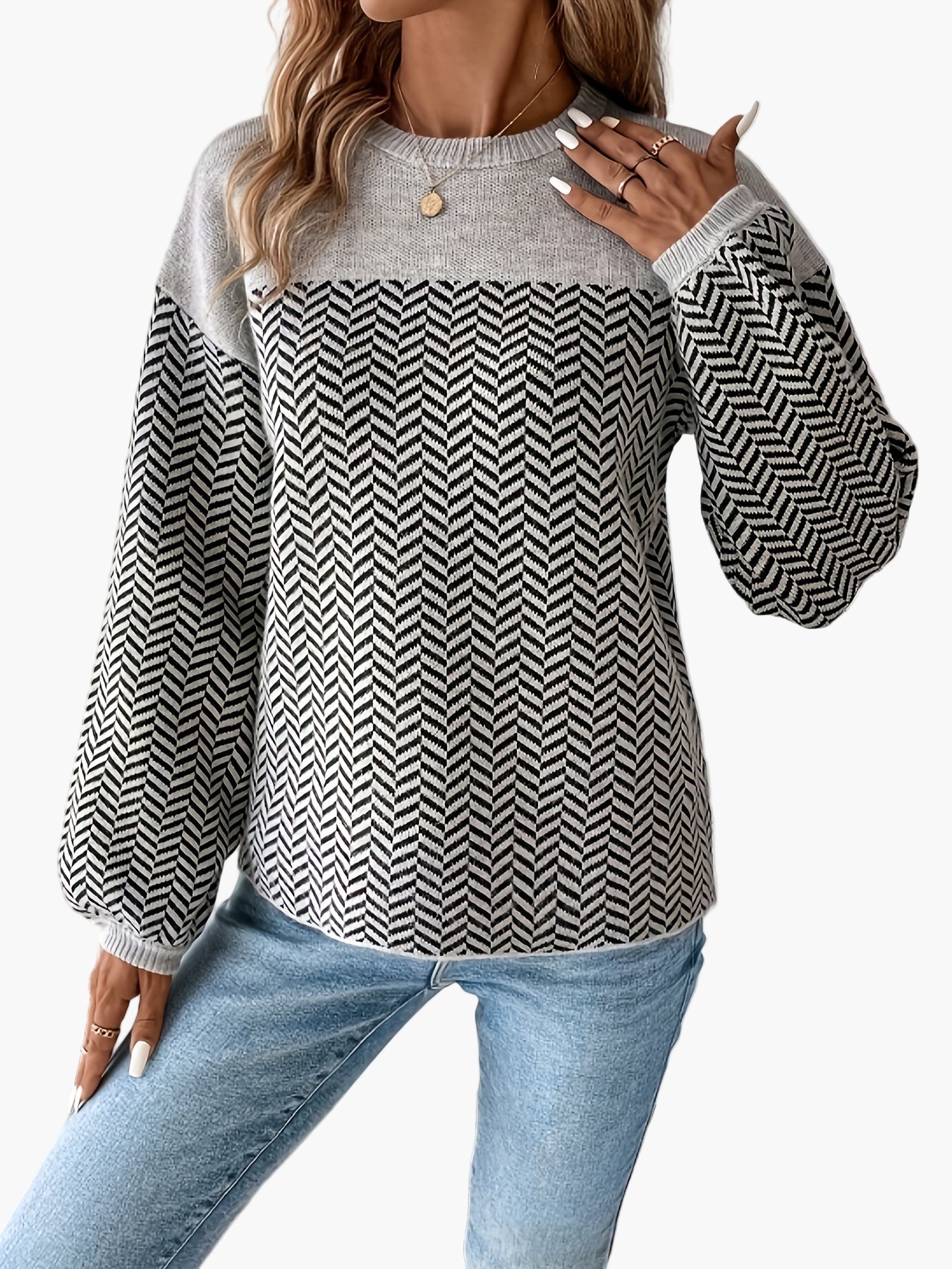 Damen Casual Strickpullover mit Hahnentritt-Muster und Rundhalsausschnitt – Perfekt für Herbst und Winter