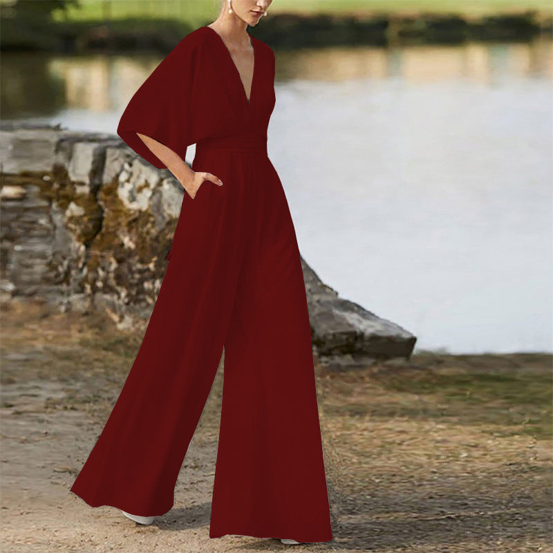 Michelle – Jumpsuit mit tiefem V-Ausschnitt und weitem Bein