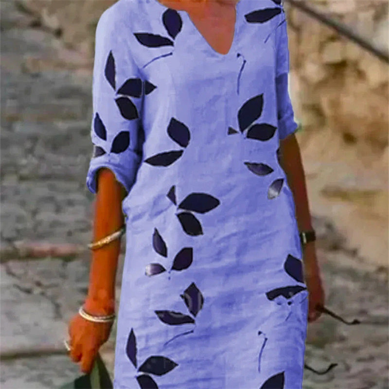 Damen Freizeitkleid mit Blattmuster – Modisches und bequemes Alltagskleid, legerer Stil