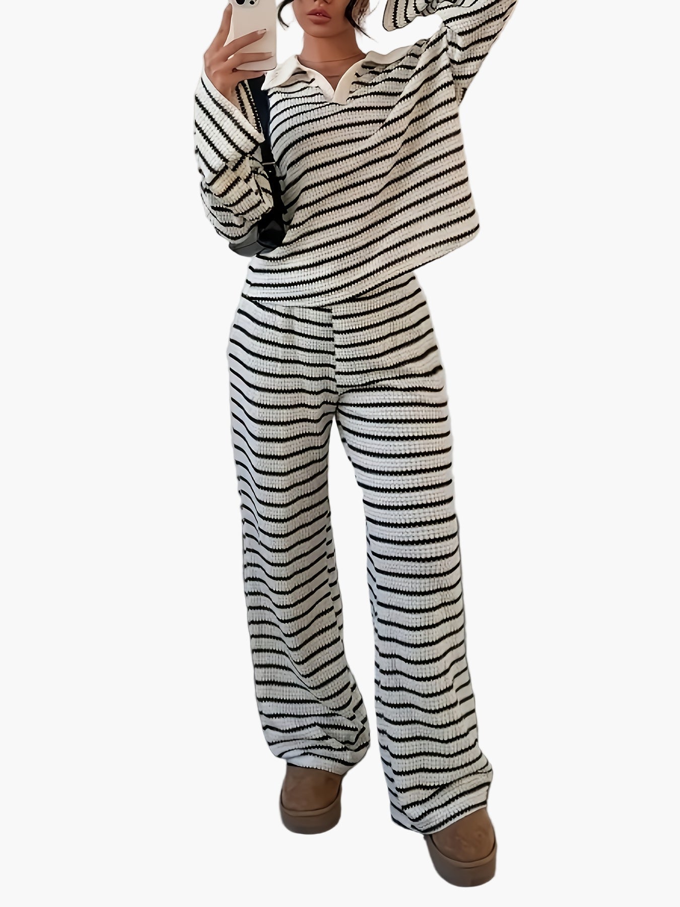 Damen Strick Zweiteiler Set Elegant Gestreift Lockerer Freizeit-Look für Herbst/Winter