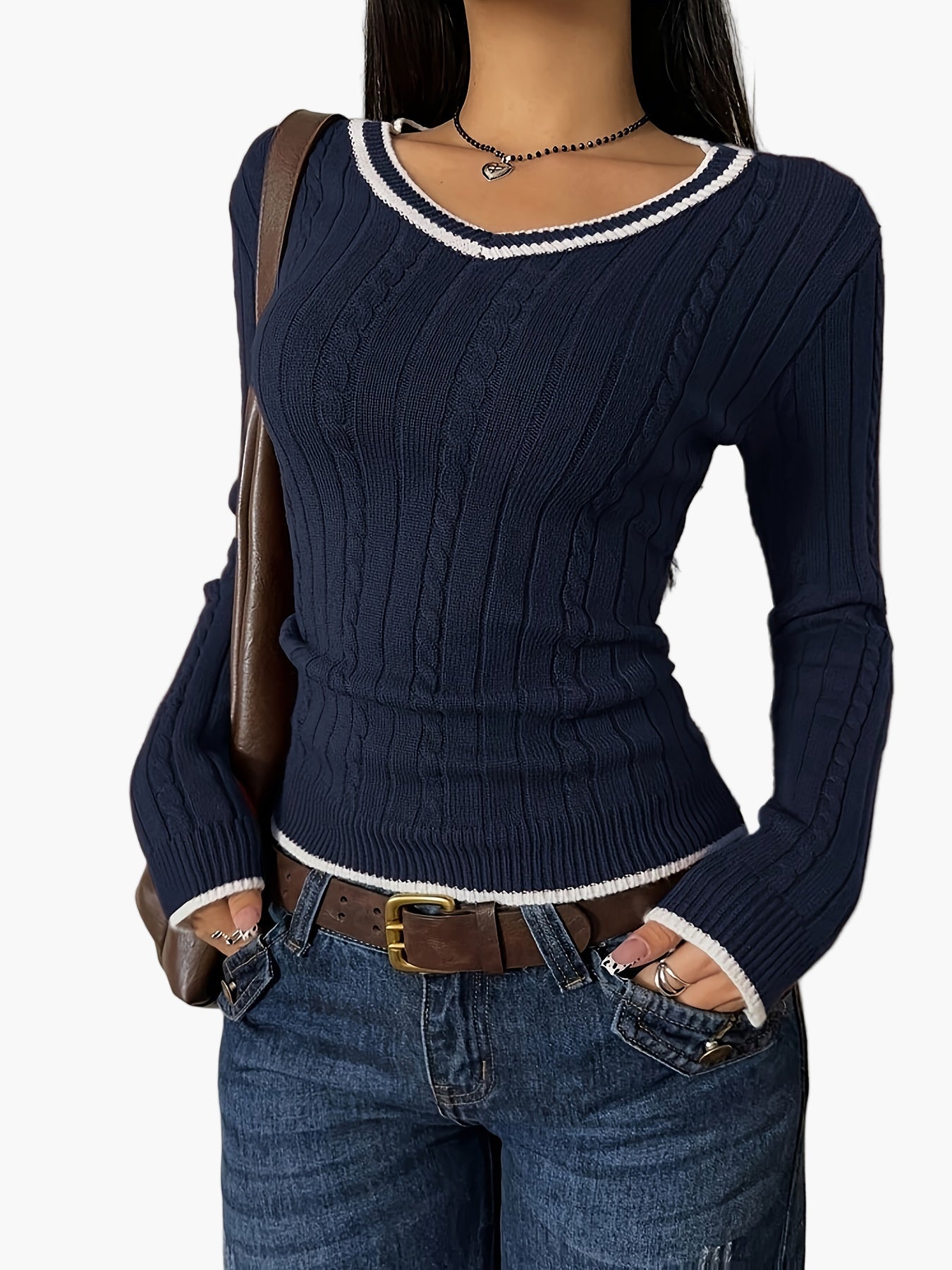 Damen Pullover mit V-Ausschnitt, figurbetont, casual und modisch – ideal für Alltag und Freizeit