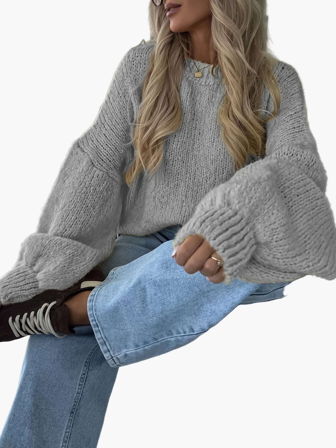 Damen Oversize Strickpullover mit Ballonärmeln für Herbst und Winter – Modischer Freizeit-Look