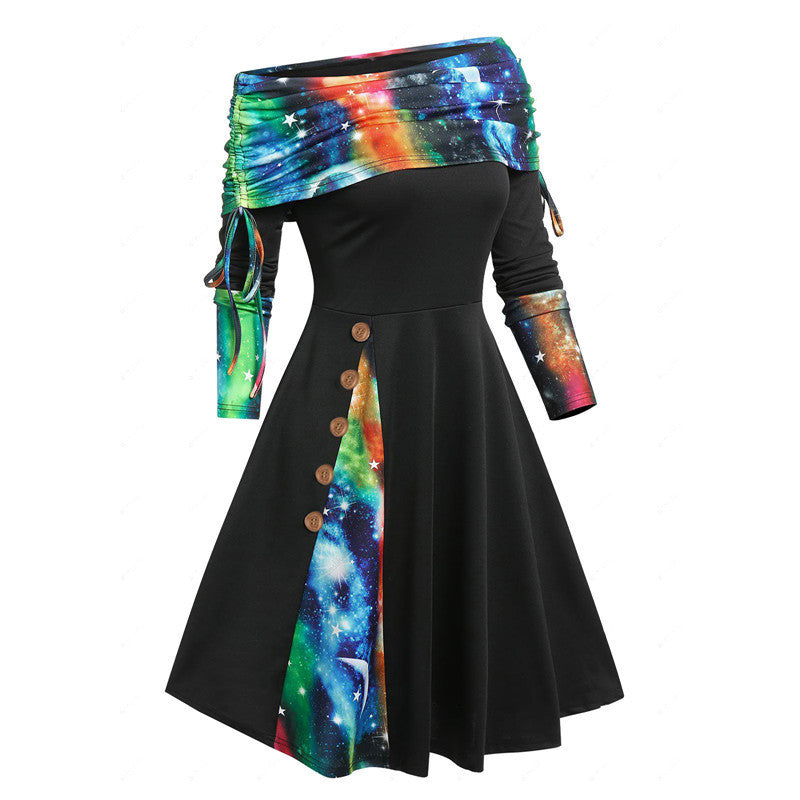 Natalie – Langes, schwingendes Ein-Schulter-Kleid mit langen Ärmeln