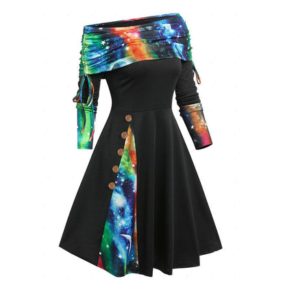 Natalie – Langes, schwingendes Ein-Schulter-Kleid mit langen Ärmeln
