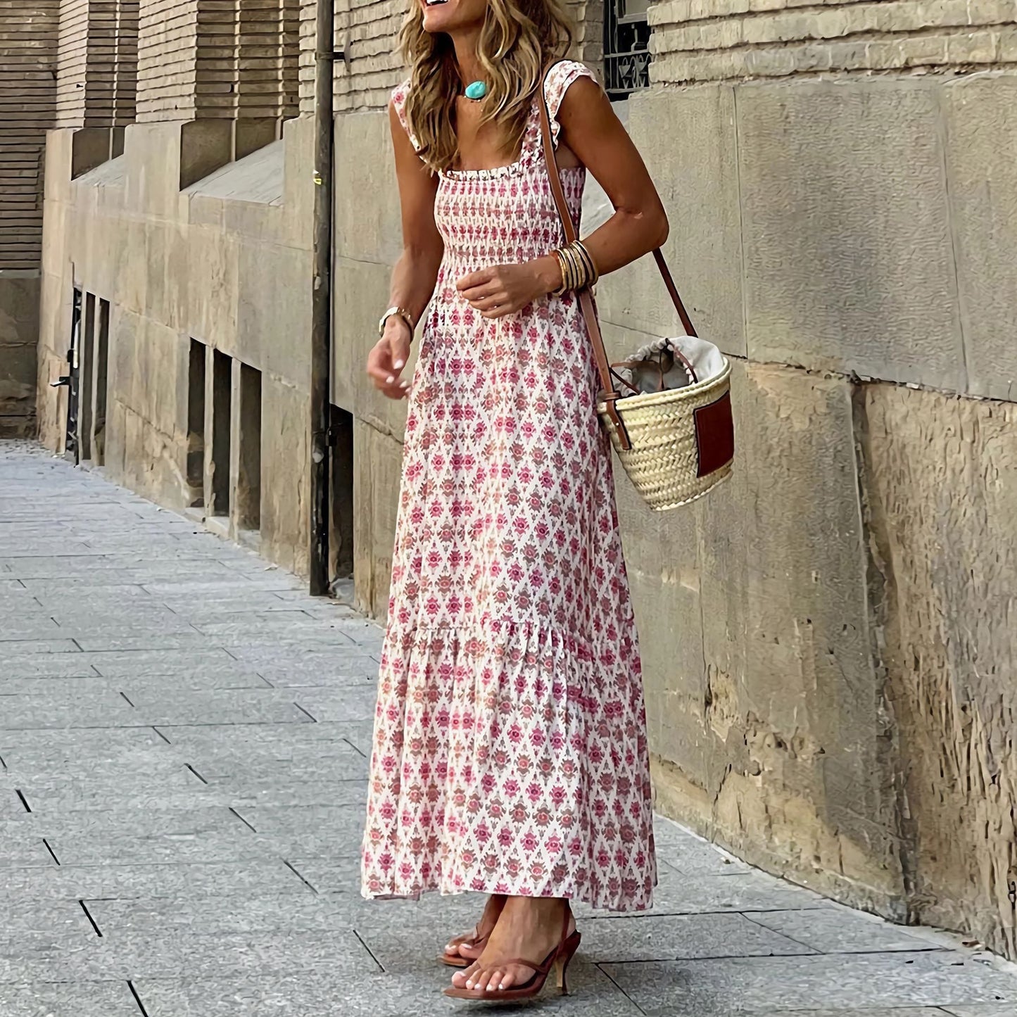 Marion – Elegantes bedrucktes französisches Blumenkleid mit Trägern