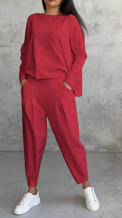 Janet – Unregelmäßiges Design Damenanzug mit Langarm-Sweater und Haremshose