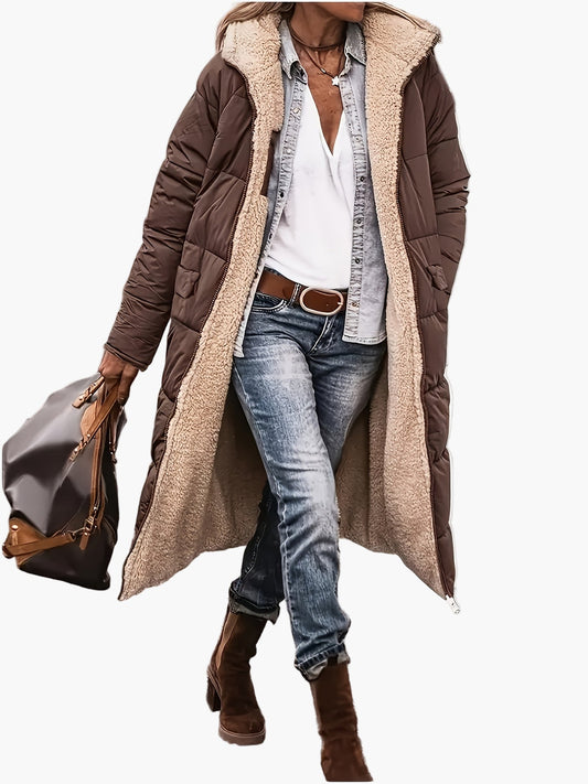 Damen Lange Steppjacke mit Kapuze und Teddyfutter – Modische Winterjacke für Alltag und Reisen