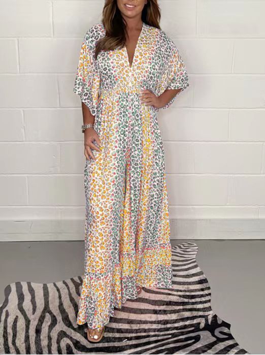 Grace – Bedruckter V-Ausschnitt Hohe Taille Lockere Jumpsuit mit Weiten Beinen
