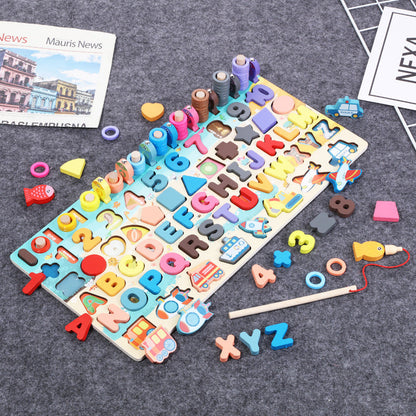 Kinder Lernspielzeug Holzpuzzle Alphabet, Zahlen & Formen – Pädagogisches Steckspiel für Jungen und Mädchen