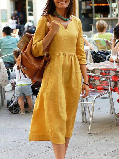 Damen Leinenkleid mit V-Ausschnitt und 3/4-Ärmeln – Elegantes Freizeitkleid für Alltag und Urlaub