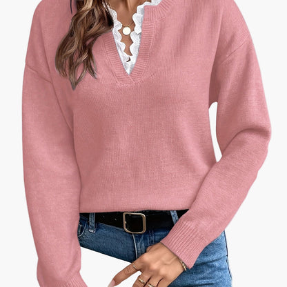 Damen Elegant Pullover mit V-Ausschnitt und Rüschenkragen – Perfekt für Alltag & Büro