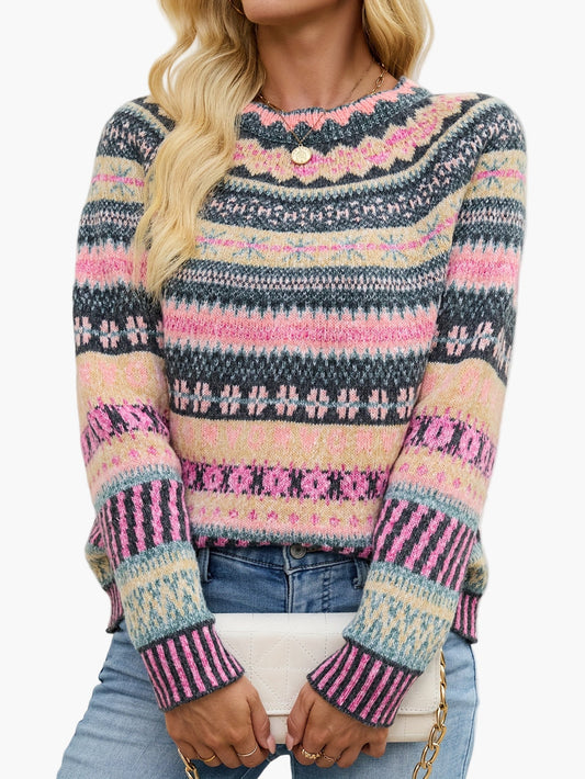 Damen Pullover im Norwegerstil mit Rundhalsausschnitt – Modischer Strickpullover für Herbst und Winter