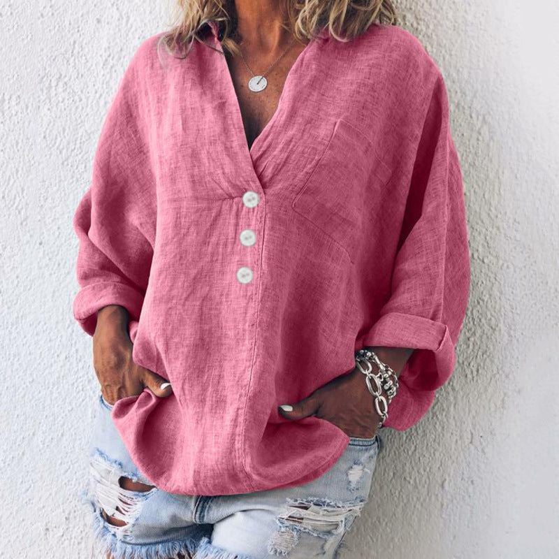 Ruby – Langärmlige Bluse aus Premium-Veganleinen mit V-Ausschnitt
