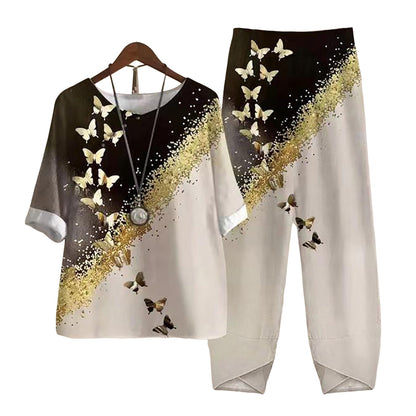 Damen Freizeit Zweiteiler Set – Lockeres Oberteil mit Libellen-Print und Asiatisch Inspirierten Hosen, Modisch für Alltag und Urlaub